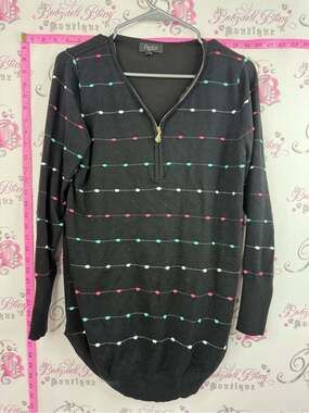 Papillon Black V-Neck Sweater with Pink, Teal & White Dots